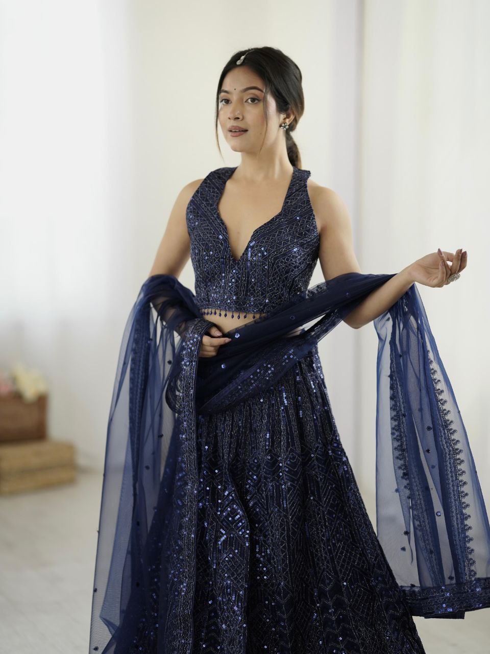 Navy blue georgette sequins and dori work lehenga choli with dupatta