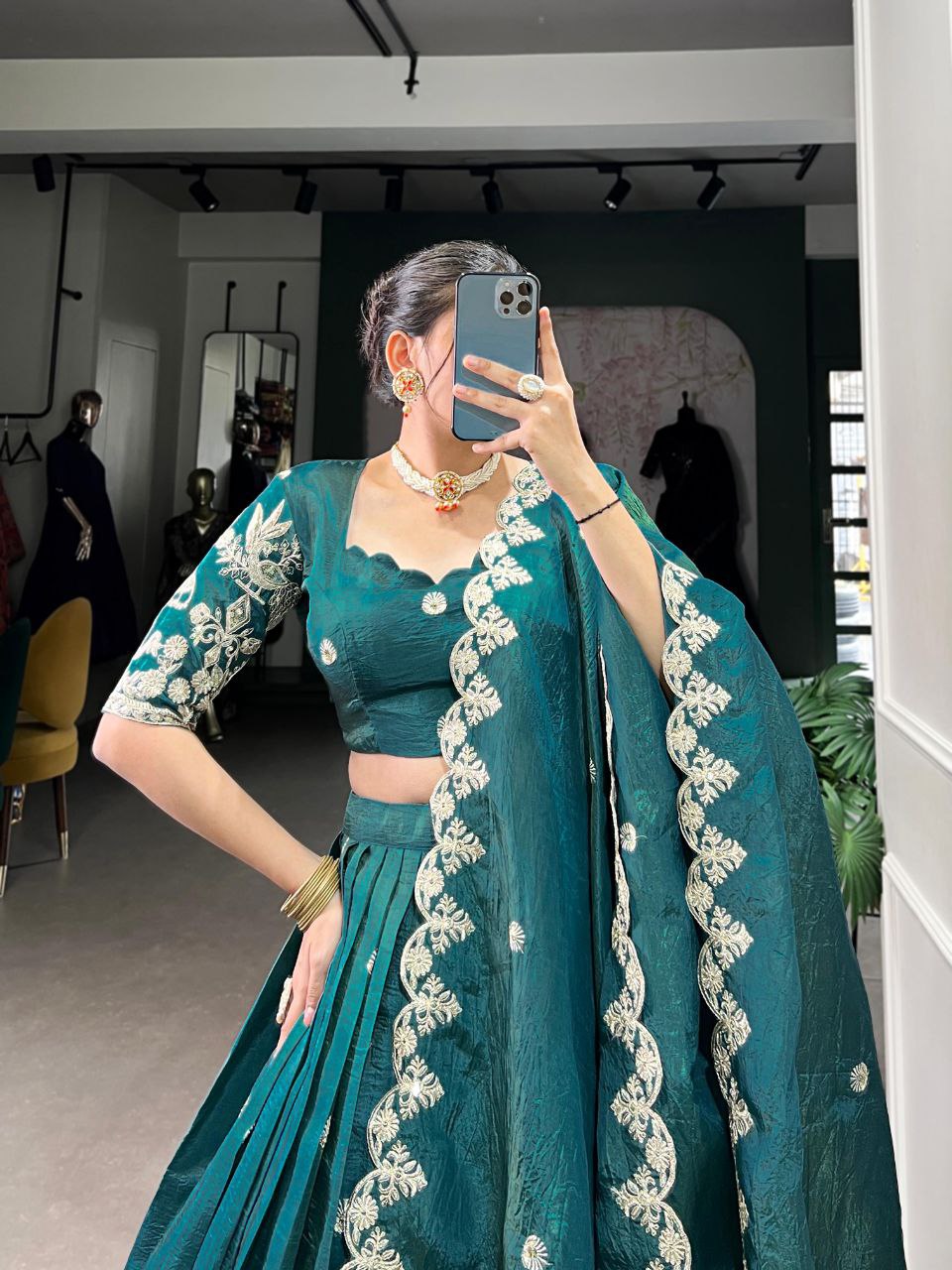 Teal green gold crush sequins thread embroidery work lehenga choli
