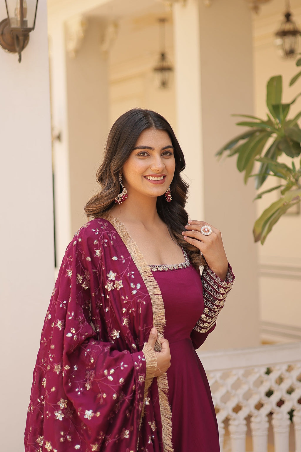 Aparajita Magenta Vichitra Silk Anarkali Gown Set