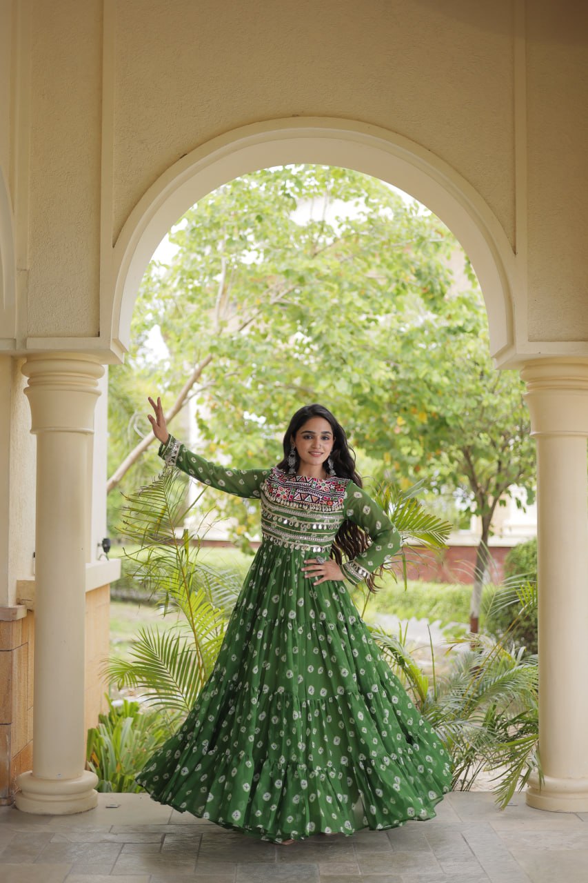 Lavanya Green Faux Georgette Bandhani Kutchi Patchwork Gown