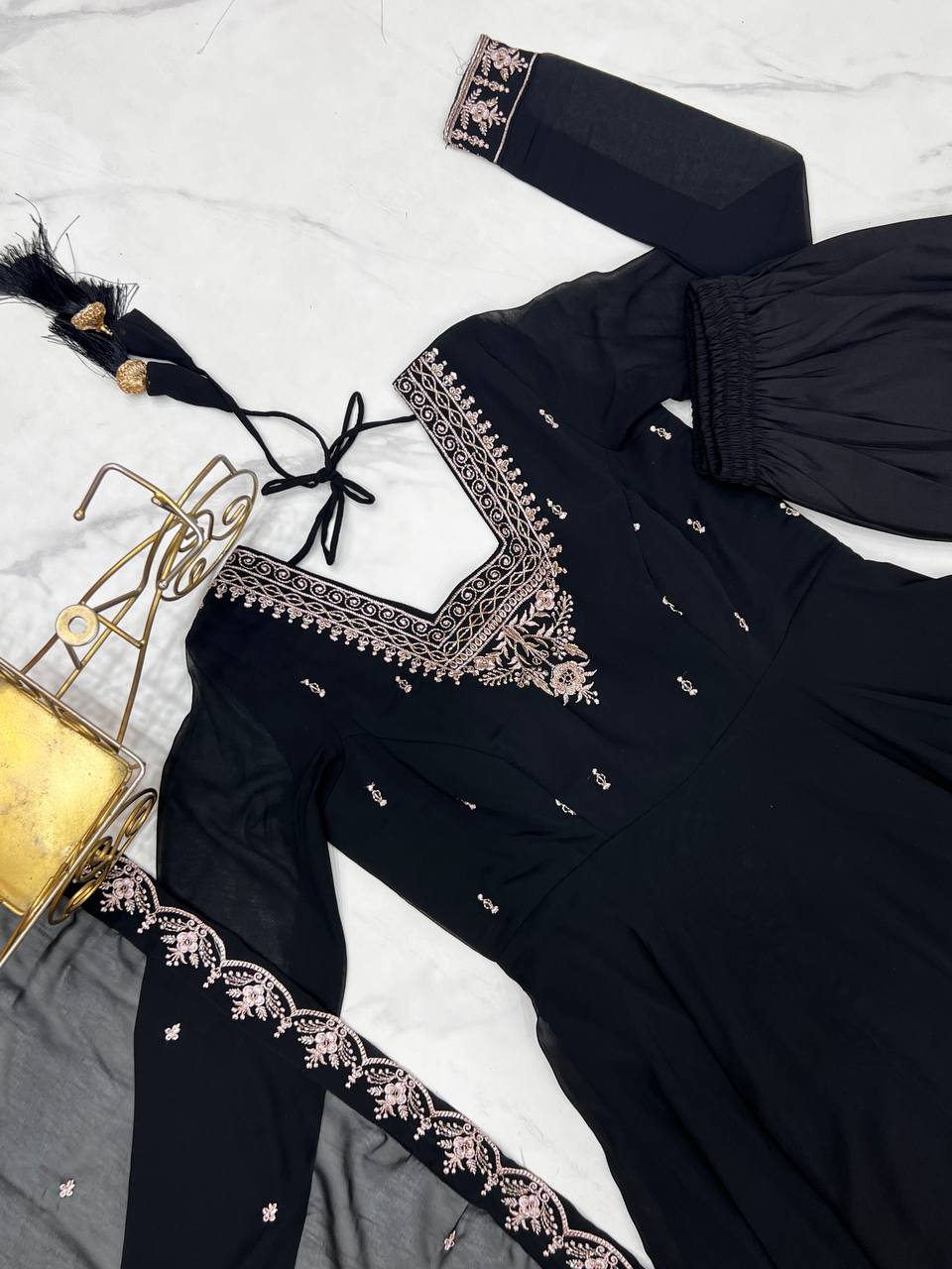 black Anarkali suit in soft Fox Georgette with 6.5-meter flair, beads & zari embroidery, lace sleeves & embroidered dupatta – stitched & ready-to-wear.