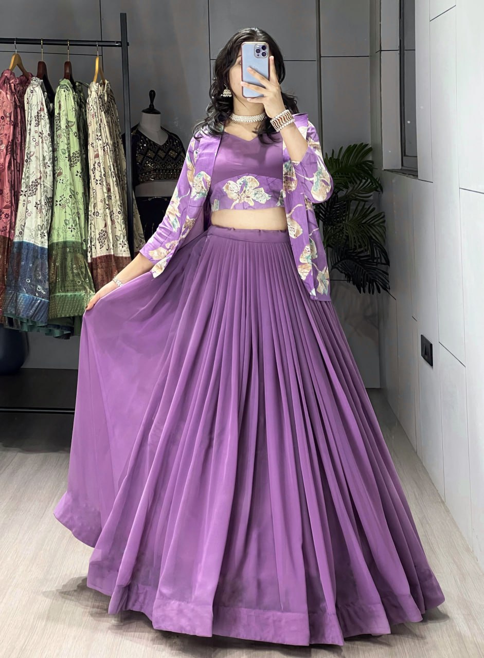 Alka Lavender Color Georgette Foil Printed Lehenga Choli with Koti