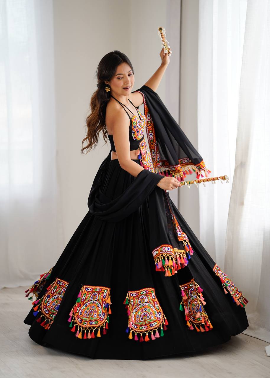 Black Rayon Gamthi Thread Mirror Work Navratri Lehenga Choli with Dupatta