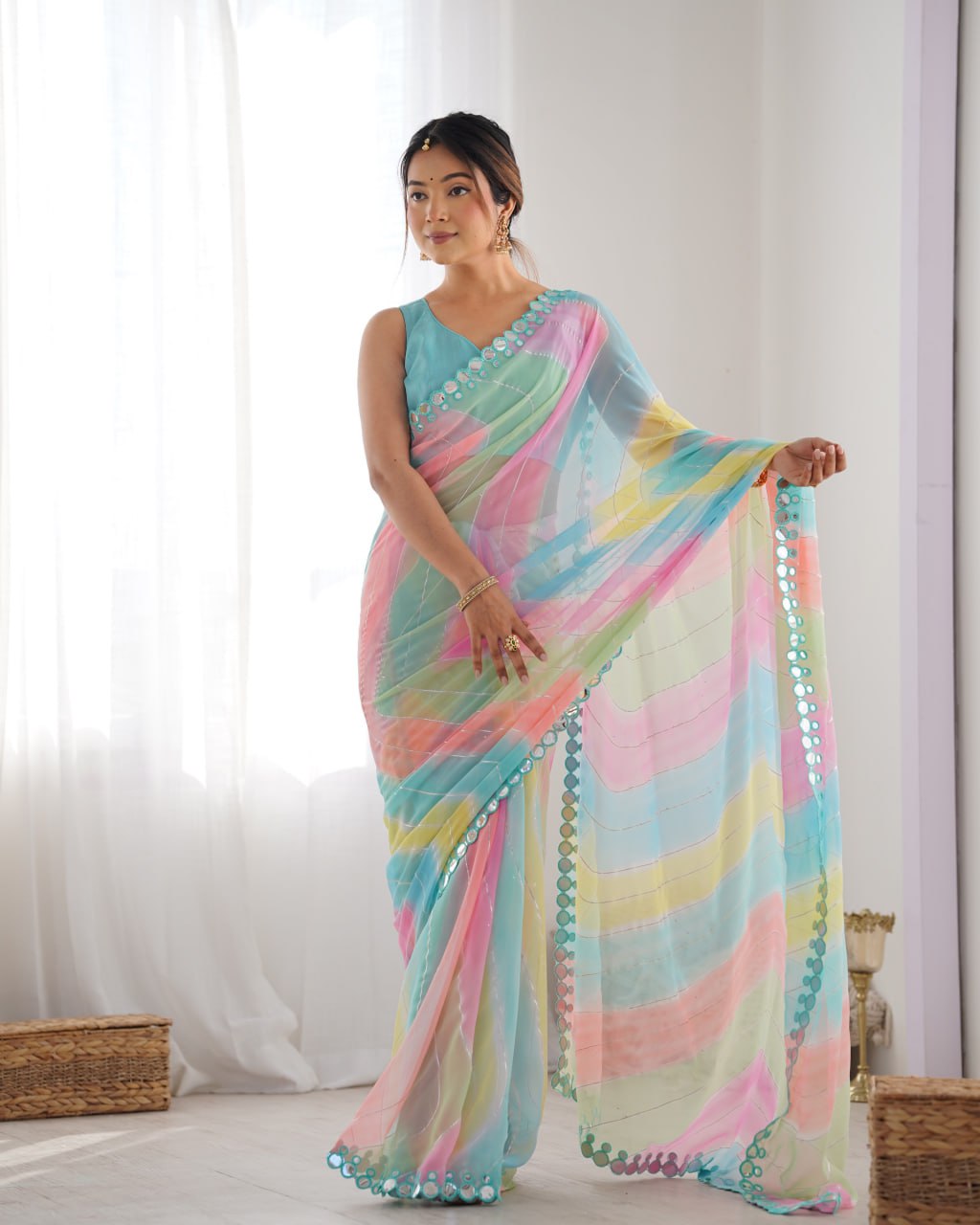 Isha Georgette Mirror Work Multicolor Saree