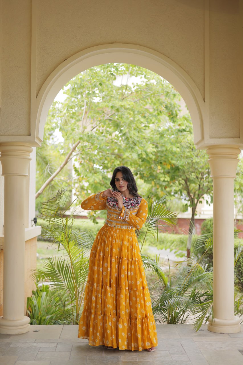 Lavanya Yellow Faux Georgette Bandhani Kutchi Patchwork Gown