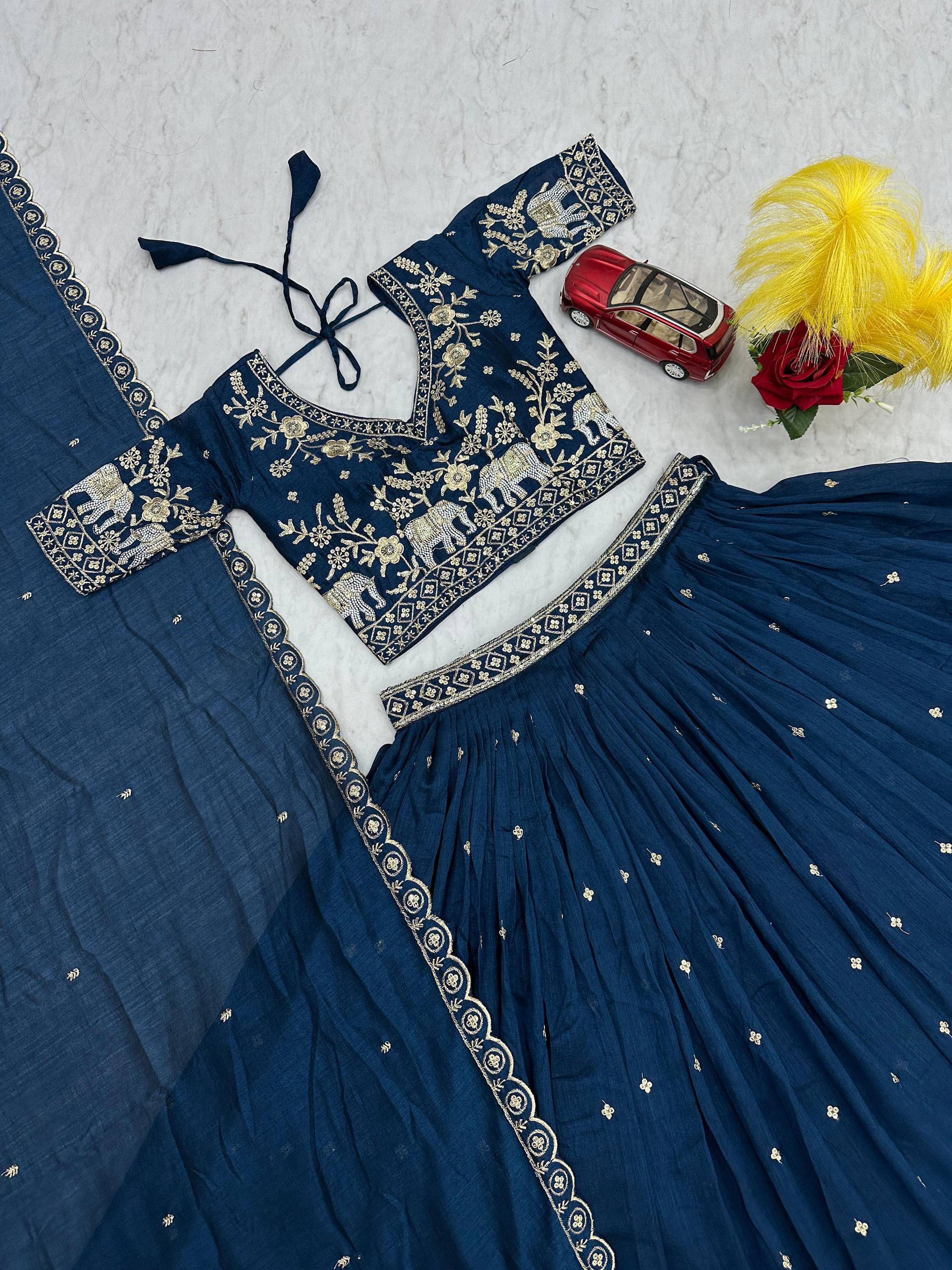 Gopi Teal Blue Vichitra Silk Embroidery Sequins Thread Work Lehenga Choli