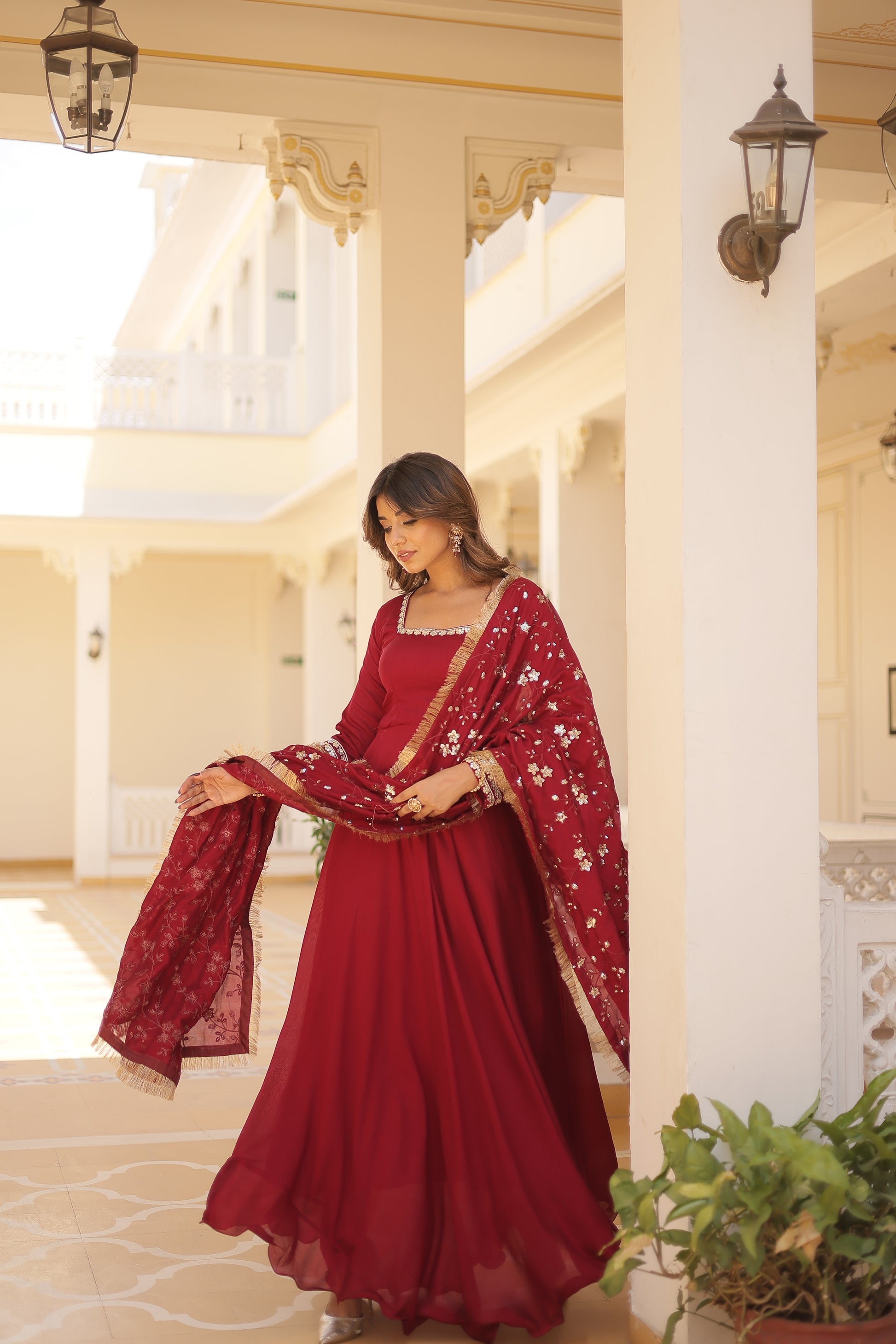 Aparajita Maroon Vichitra Silk Anarkali Gown Set