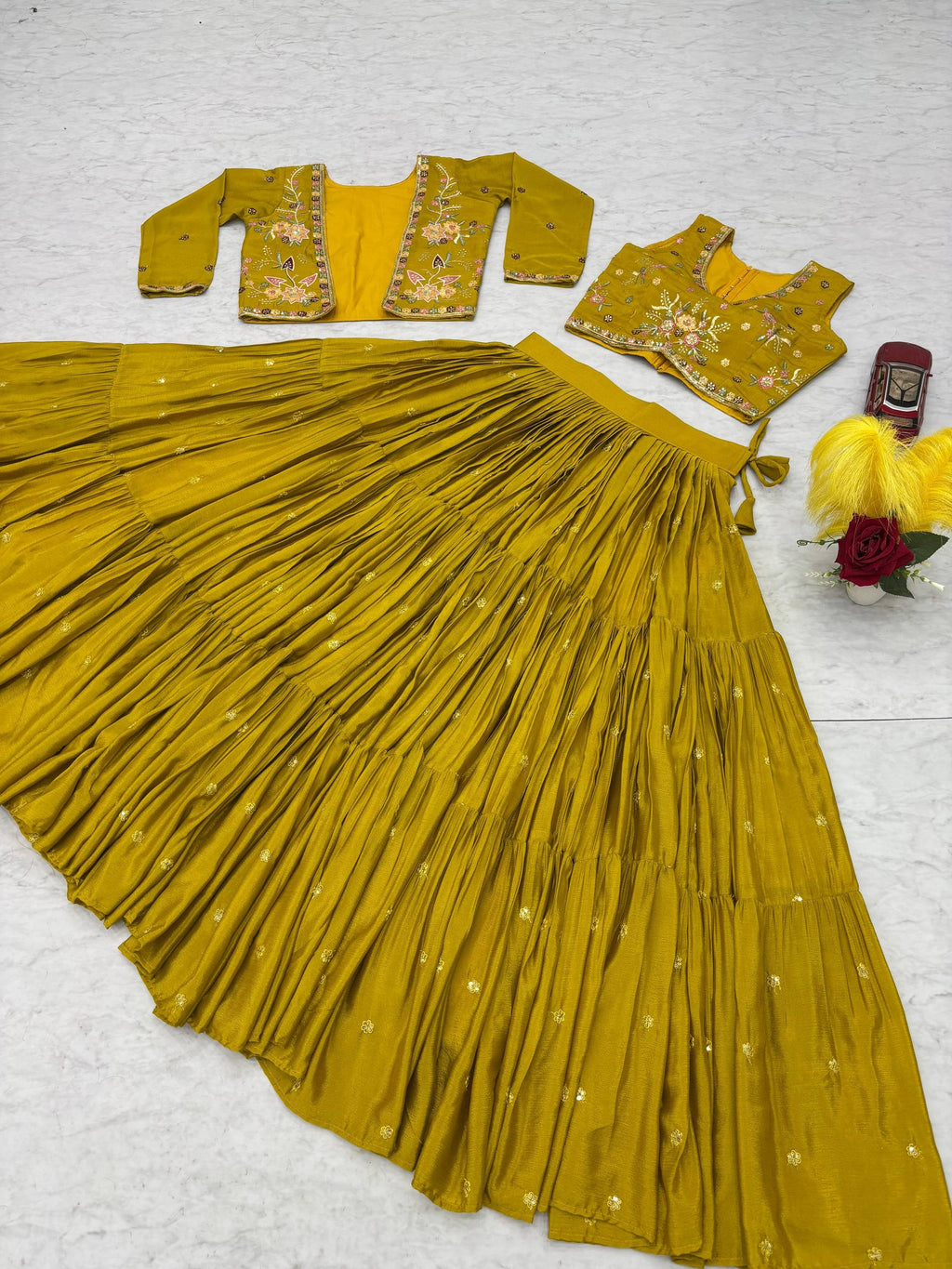 Mustard yellow chinon embroidered crop top lehenga with designer jacket