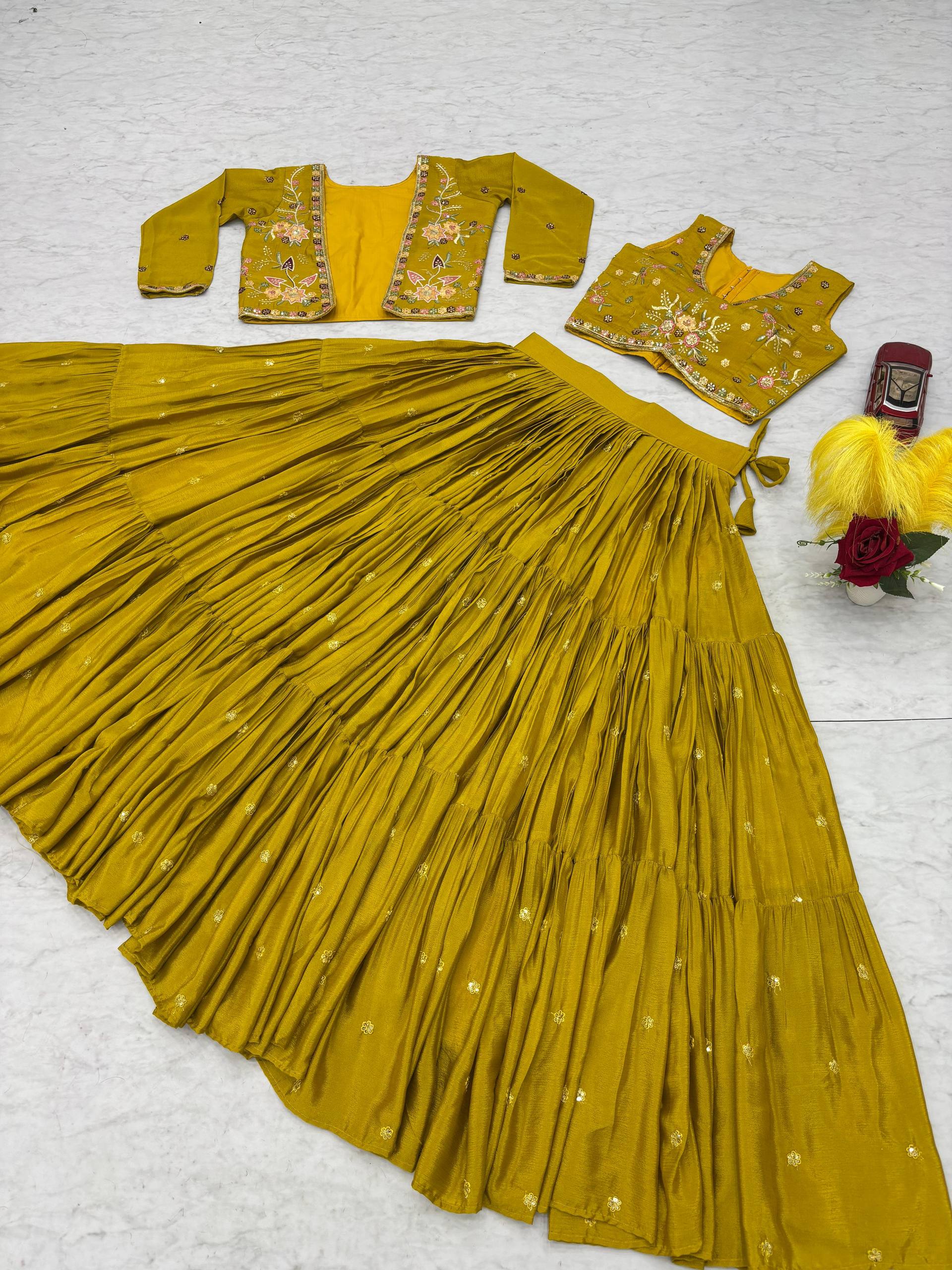 Mustard yellow chinon embroidered crop top lehenga with designer jacket