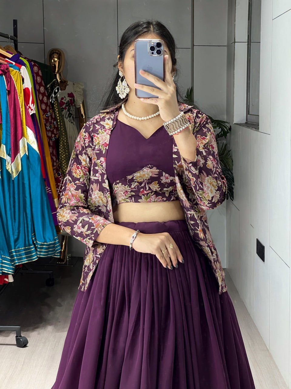 Purple georgette foil print lehenga choli with Chanderi koti