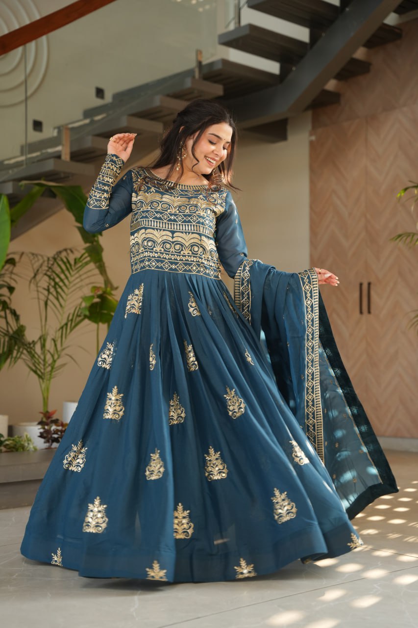 Teal Blue Chinnon Embroidered Gown with Sequins Work and Dupatta