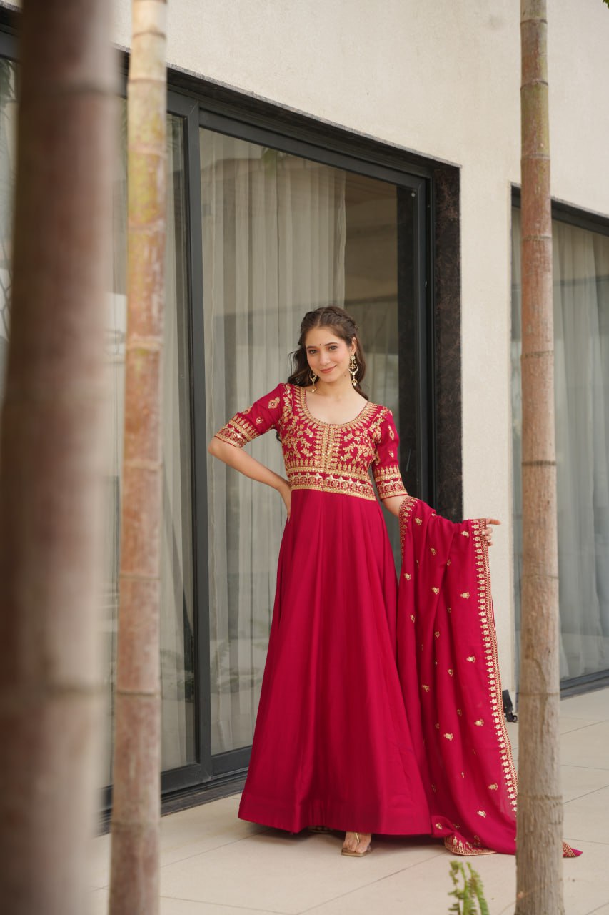 Aadishri Pink Vichitra Silk Gown with multi-sequins and zari embroidery – perfect Indian ethnic wear for weddings, party wear dresses for women, designer gown for women, traditional Indian dress, Indian clothing for women, ethnic wear for girls, gown for wedding function, Indian dress online shopping, full sleeve gown for women, festive wear for ladies.