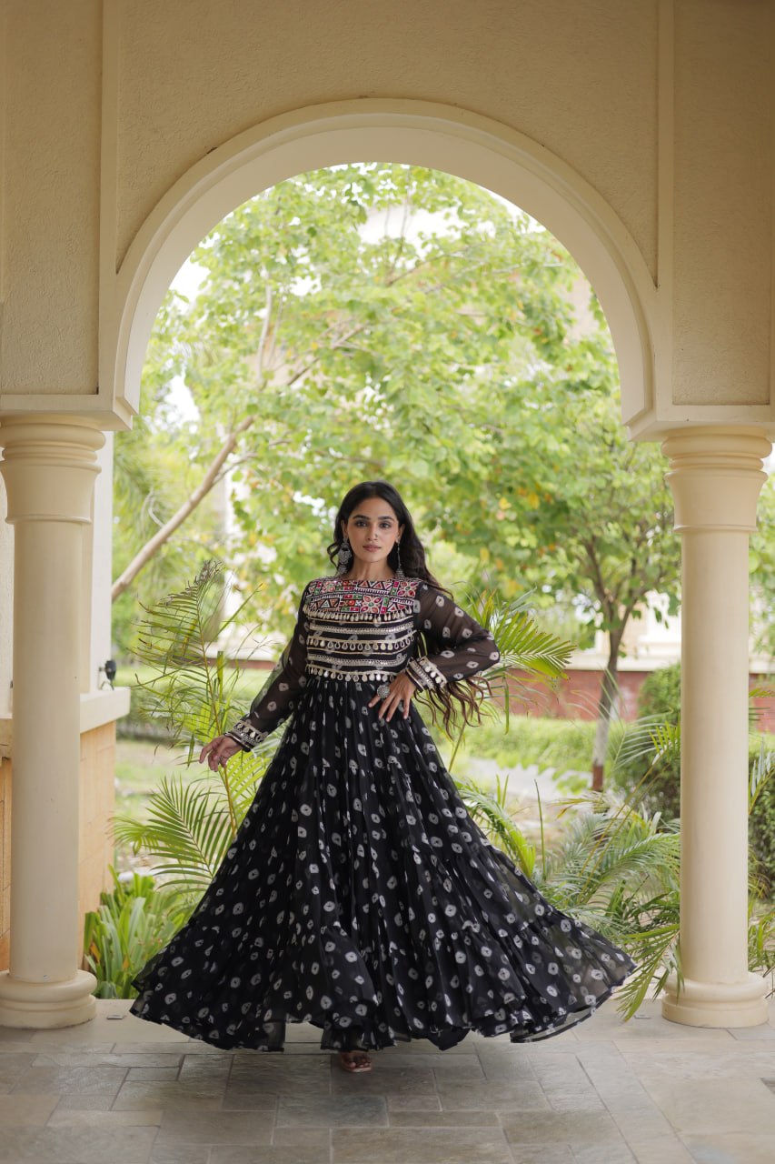 Lavanya Black Faux Georgette Bandhani Kutchi Patchwork Gown