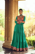 Emerald Green Pure Rayon Gamthi Jacquard Weaving Lace Border Three Layer Ruffle Flair Gown
