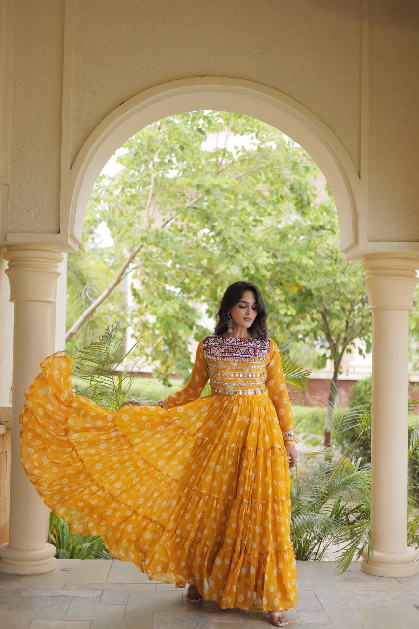 Lavanya Yellow Faux Georgette Bandhani Kutchi Patchwork Gown