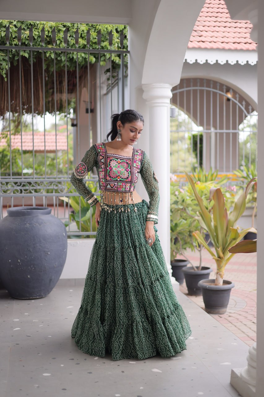 Anjali Green Faux Georgette Bandhani Kutchi Patchework Lehenga