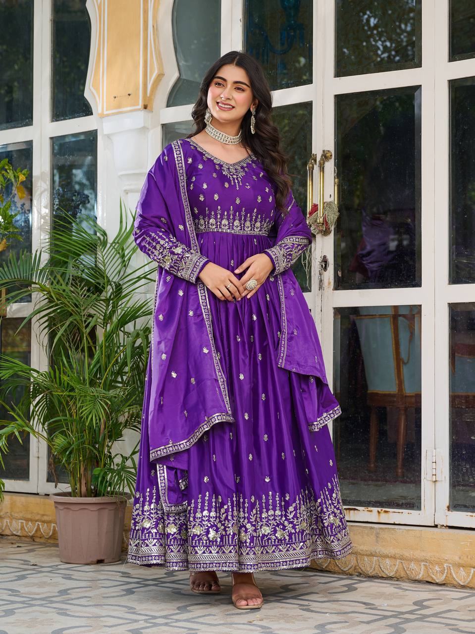 Meghnita Anarkali suit in American Silk with thread & sequin embroidery, padded gown, stitched pant & dupatta—perfect for weddings & festive wear.