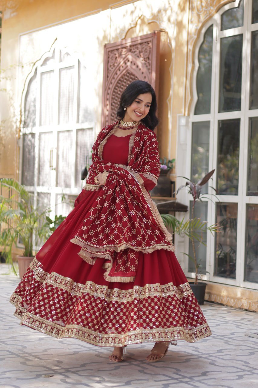 Avishka Maroon Embroidered Anarkali Gown Set