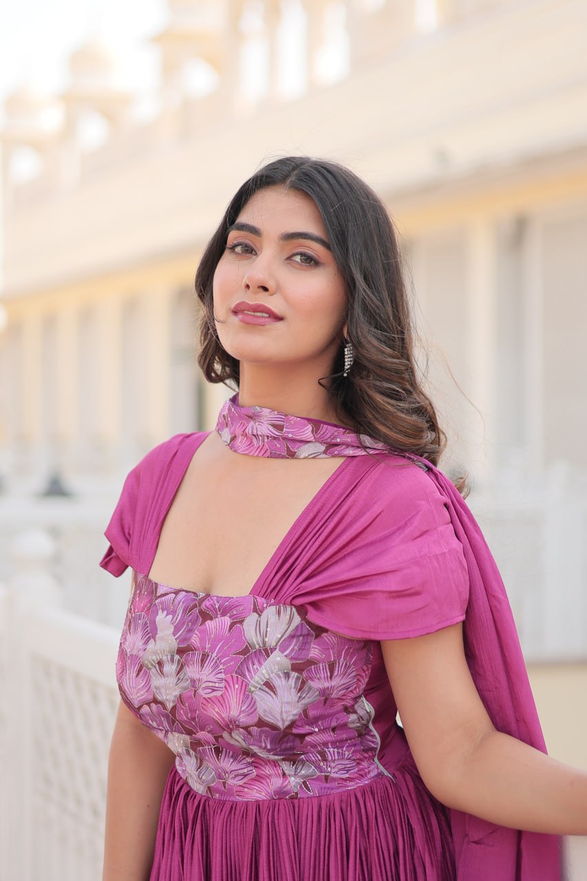Shanta chinon pink printed anarkali gown set