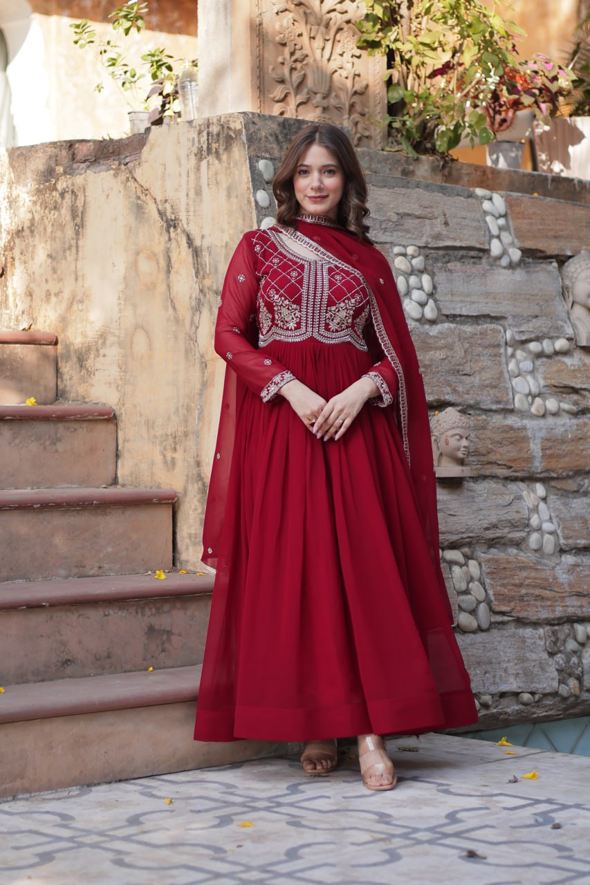 Chamvika Maroon Embroidered Gown Set with Dupatta – long gown for women, party wear gown for wedding, Indian gown for women, maroon gown for engagement, full sleeve ethnic gown, designer gown with dupatta, sequin gown for festival, traditional wear for women, Indo western gown online, stylish Indian dress for sangeet function, ready-to-wear ethnic gown for women.