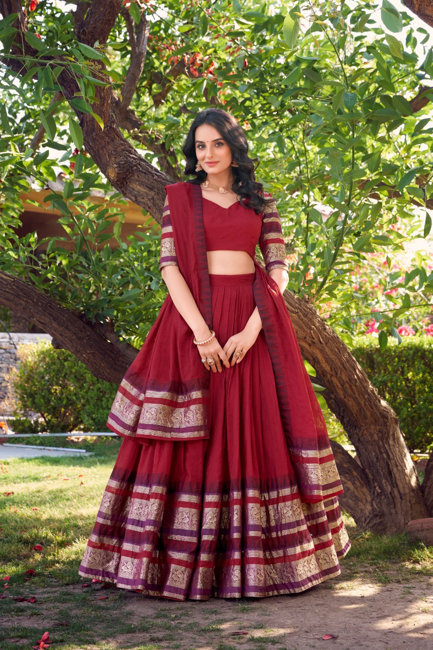 Maroon Pure Chanderi Lehenga Choli with Zari Weaving Work & Dupatta