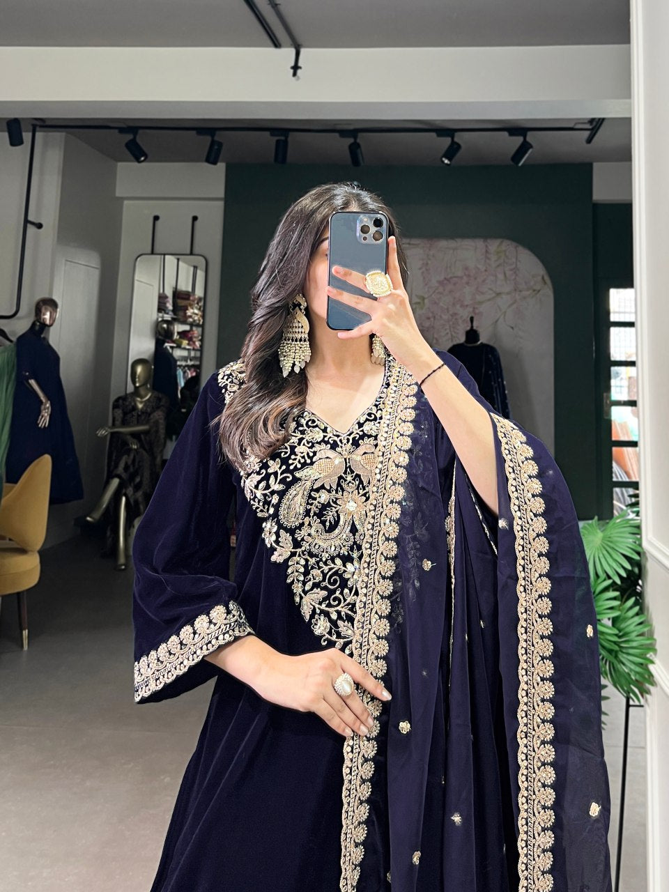 Velvet kurta set for women, navy blue embroidered suit, party wear kurti with dupatta, winter ethnic wear for weddings, Trinaari premium collection.
