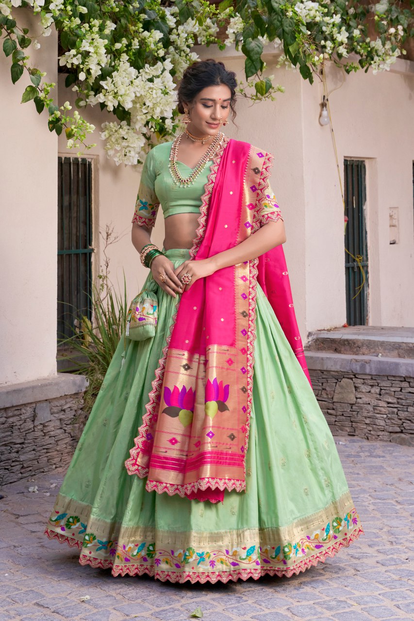 Pisa Green Jacquard Silk Paithani Lehenga Choli with Dupatta & Batwa