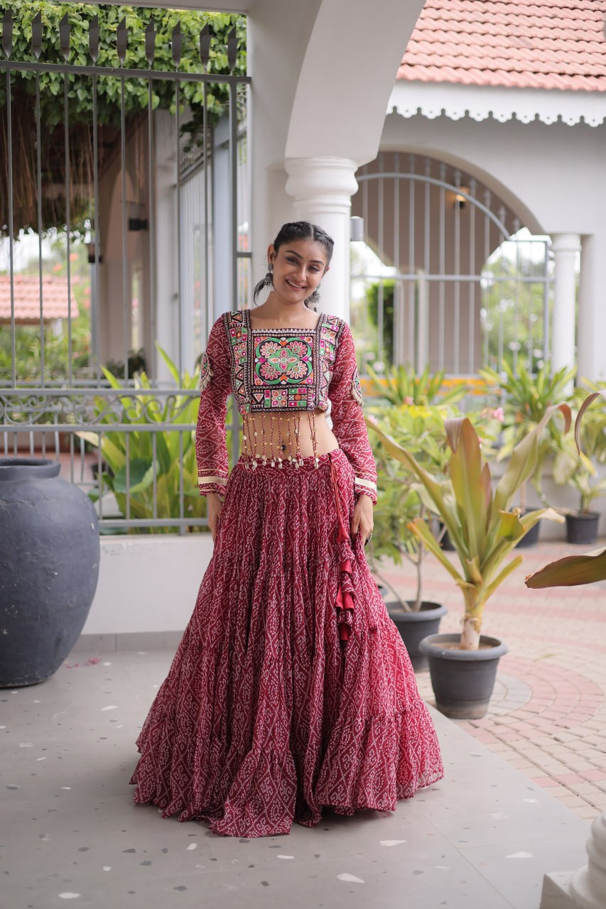 Anjali Brown Faux Georgette Bandhani Kutchi Patchework Lehenga