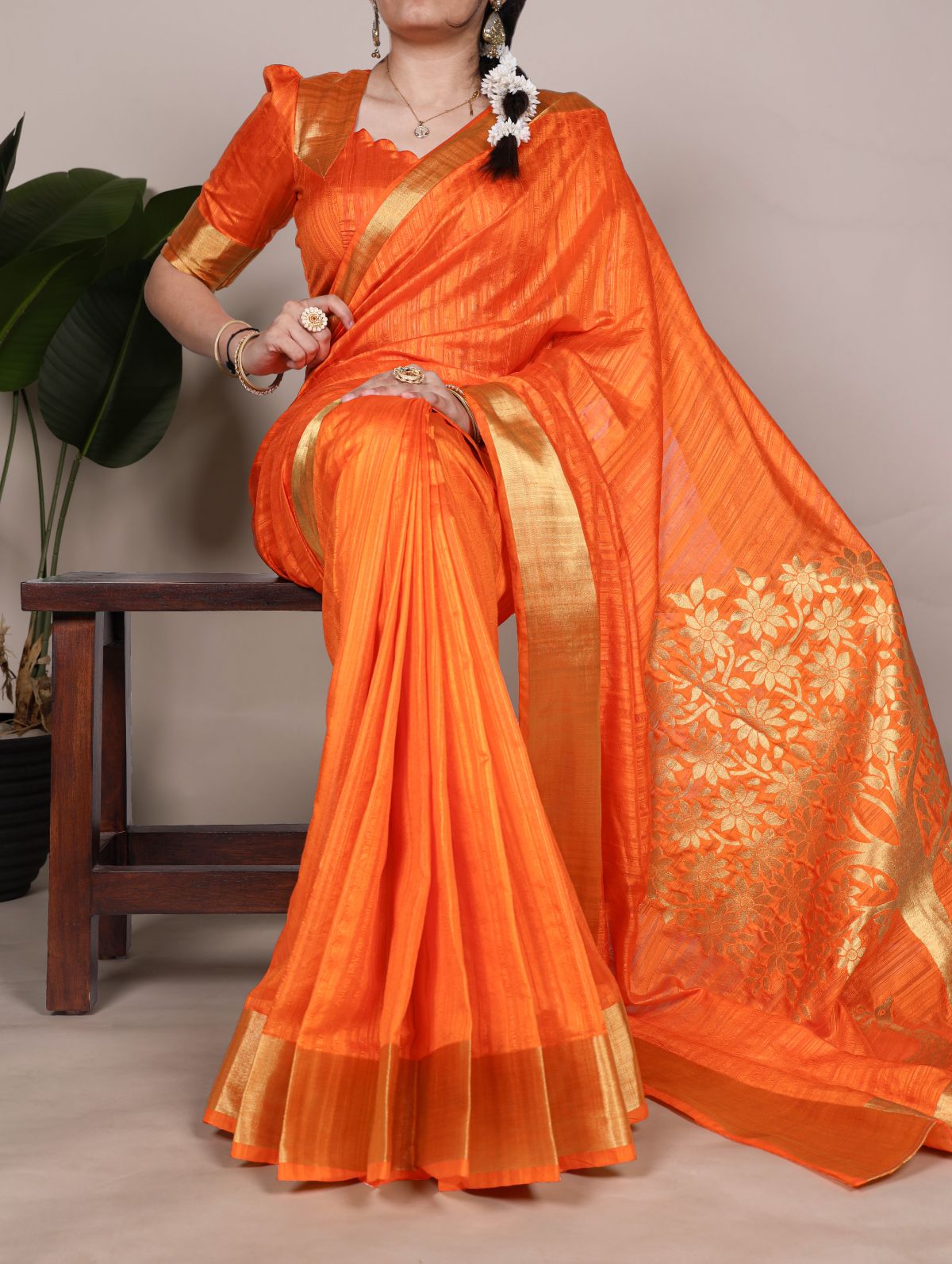 Orange Color Raw Silk Zari Weaving Saree with Unstitched Blouse