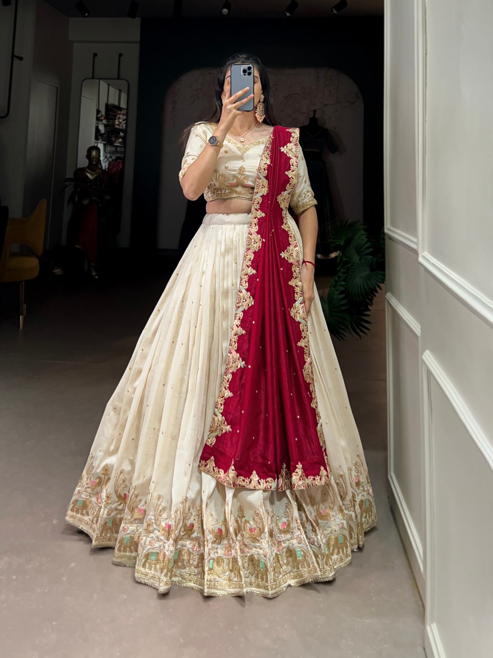 Sharanya off-white Vichitra silk embroidered lehenga choli set