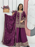 Enya purple Chinon kurti palazzo set with thread sequence embroidery work