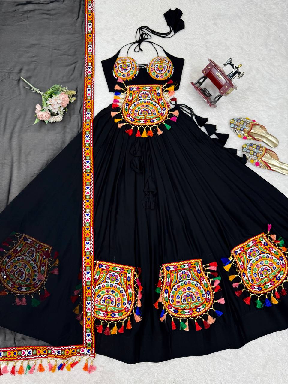 Black Rayon Gamthi Thread Mirror Work Navratri Lehenga Choli with Dupatta