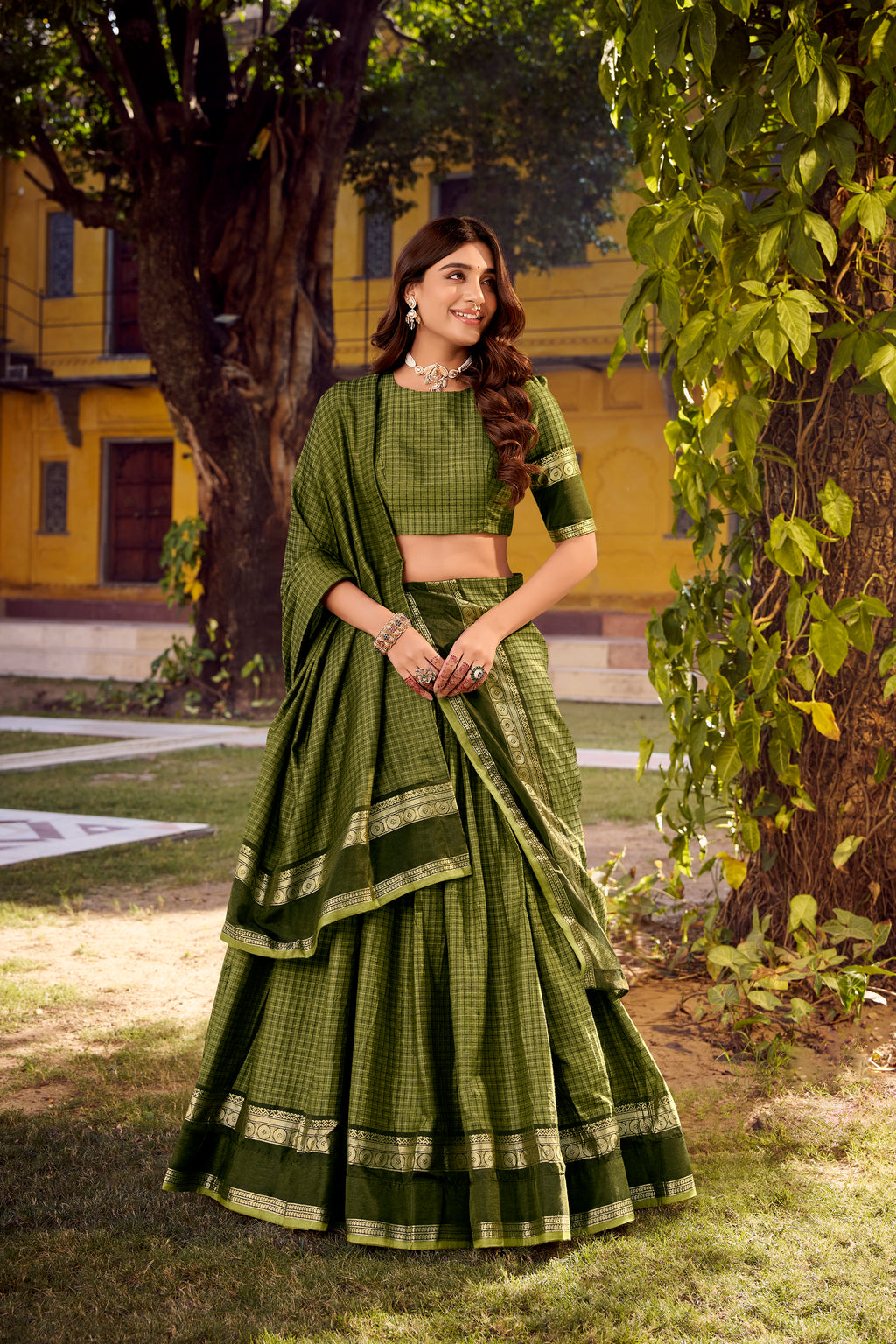 Rimi Green Color Chettinad Cotton Chex With Zari Weaving Work Half-Saree Lehenga