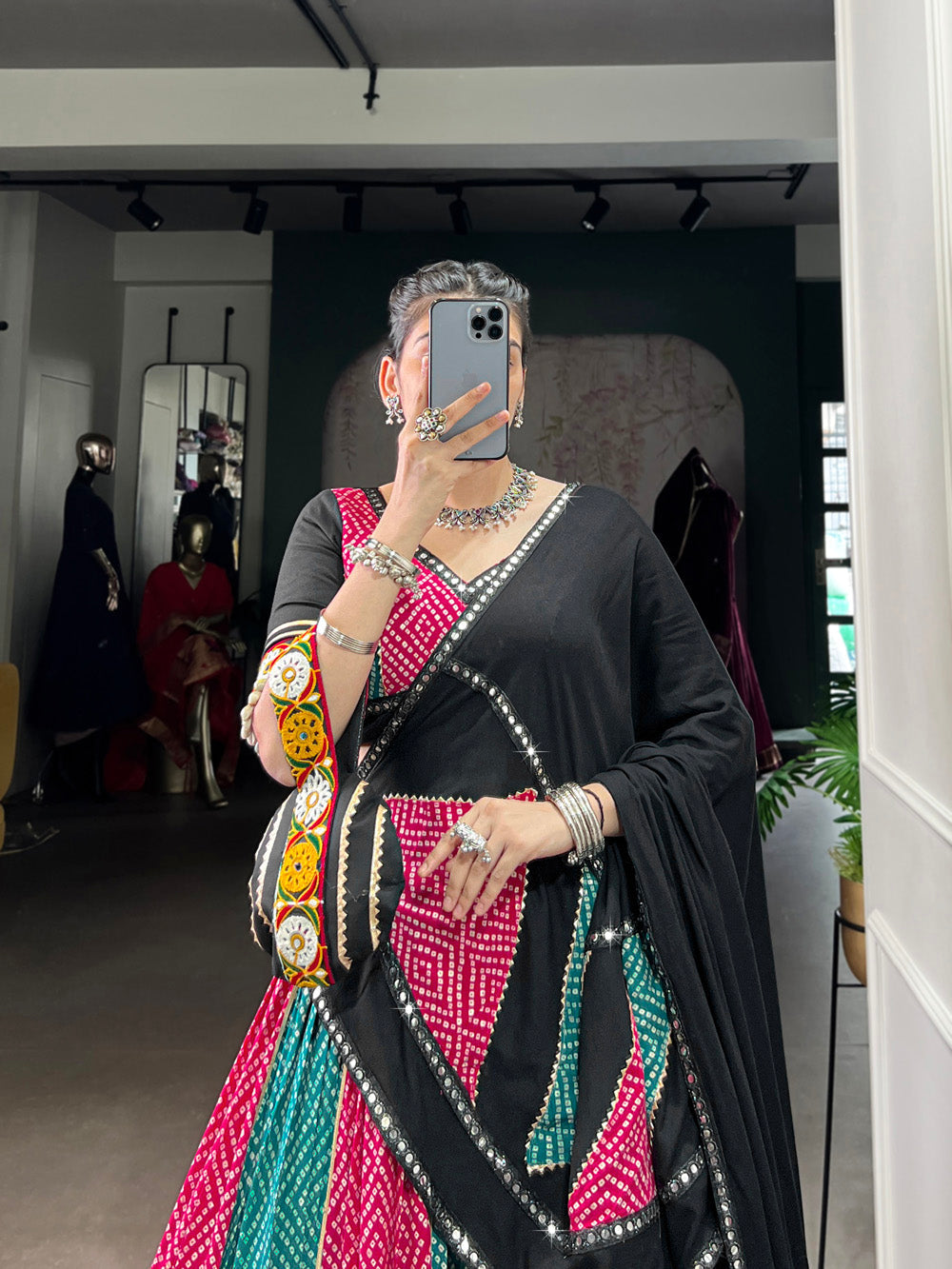 Black-Pink Pure Rayon Bandhej Ajrakh Gamthi Mirror Work Lehenga Choli