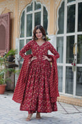 Red pure cotton Anarkali suit set for women with dupatta, breathable ethnic wear featuring block print design, flared kurta with pants and soft dupatta, ideal for daily wear, casual outings, office ethnic looks, and summer festive styles in lightweight Indian cotton fashion.