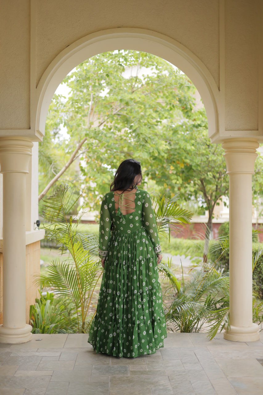 Lavanya Green Faux Georgette Bandhani Kutchi Patchwork Gown