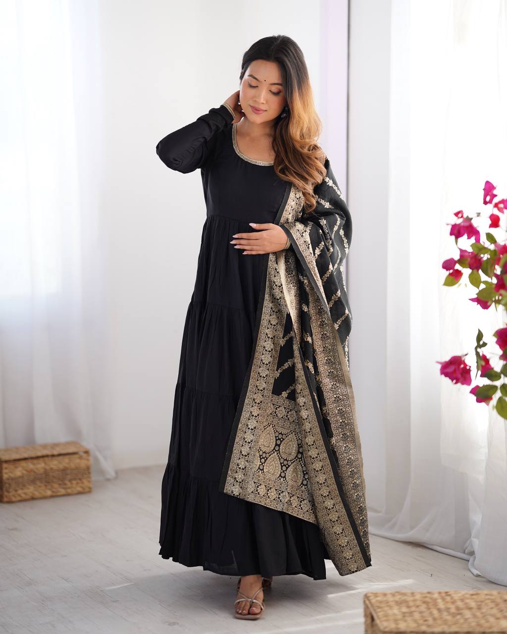 Black Roman Silk Anarkali suit with 9-meter flair, Banarasi dupatta & pant—elegant festive wear for weddings, parties & traditional occasions.