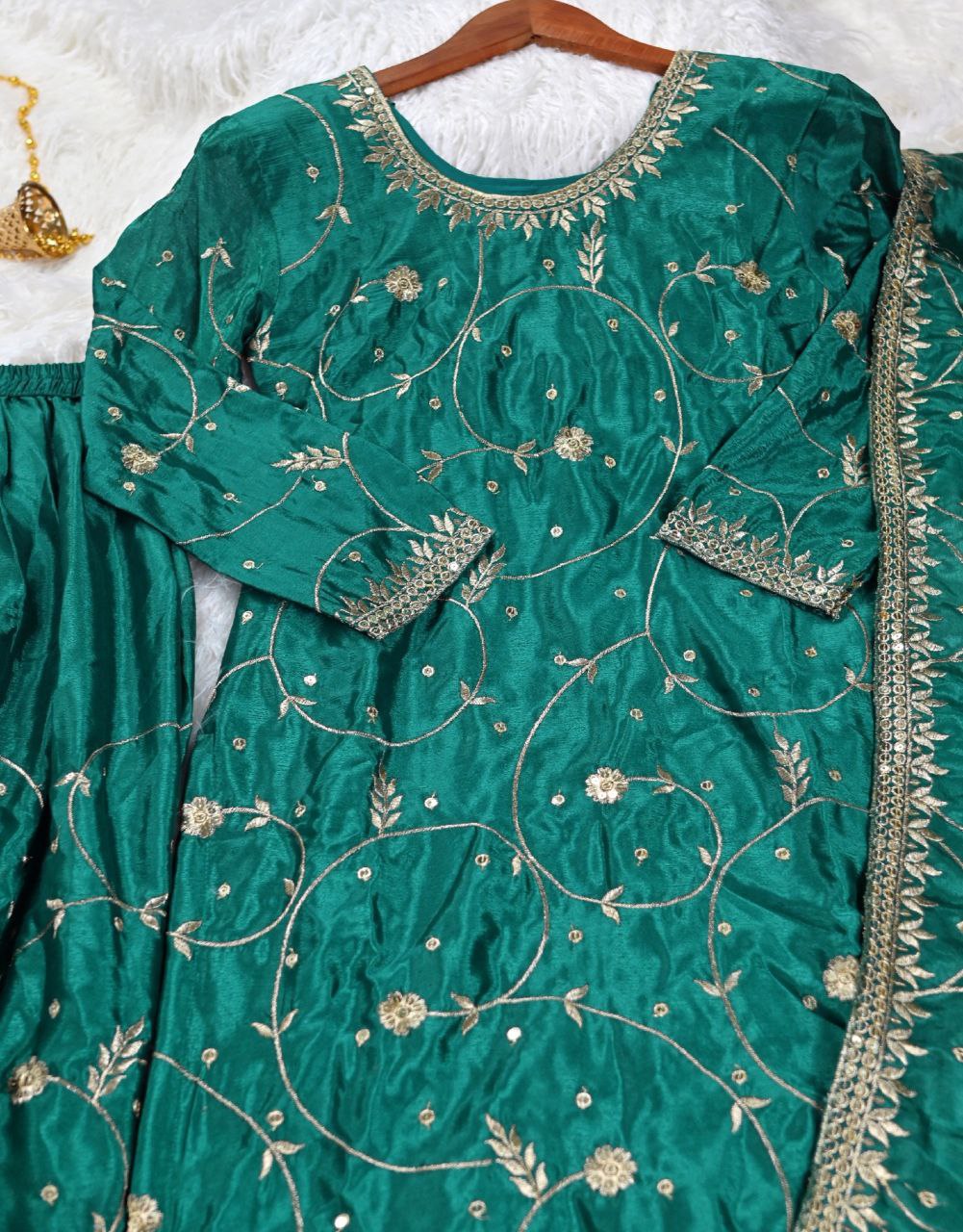 Keisha Teal Chinon Embroidered Kurti Sharara Set