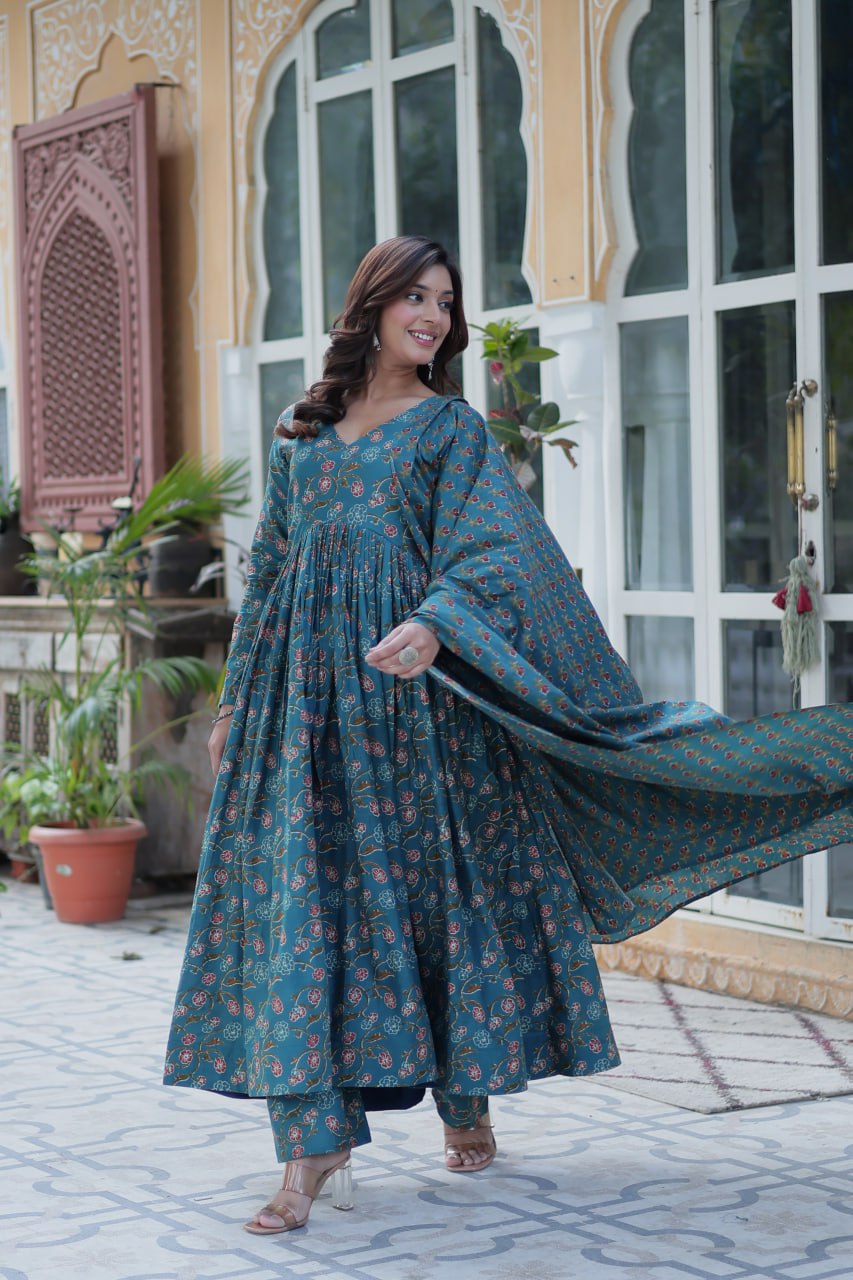 Blue pure cotton Anarkali suit set for women with soft dupatta, lightweight ethnic outfit featuring traditional block prints, flared kurta with matching pants, ideal for summer functions, daily Indian wear, office outfits, and casual ethnic fashion in breathable cotton fabric.