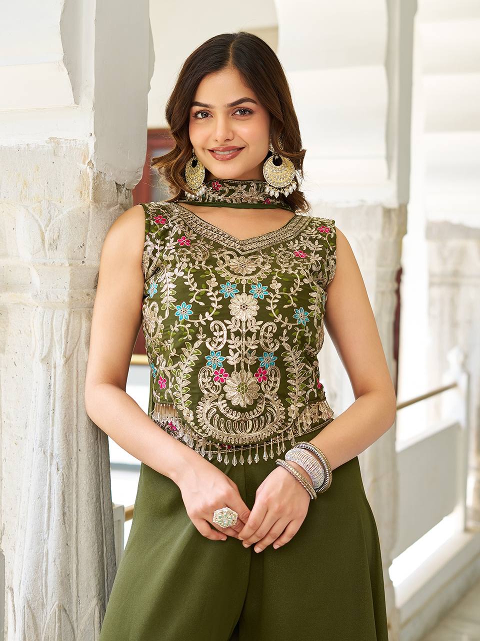 Stuti Olive Green Star Georgette Sequins Thread Embroidery Work Top Palazzo Set