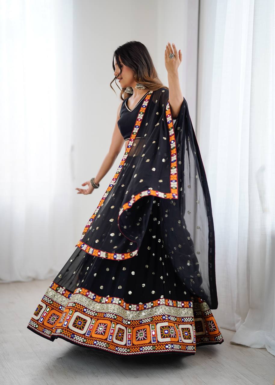 Black Georgette with Gamthi Thread Mirror Work Lehenga Choli with Dupatta