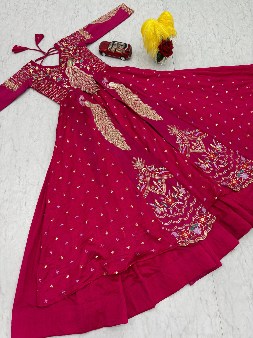 Mani Pink Vichitra Silk Crop Top Peacock Design Lehenga with Embroidered Shrug
