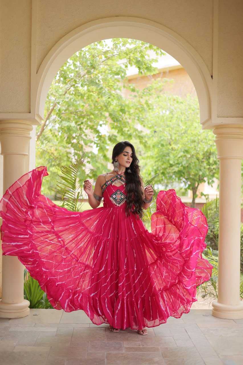Bhavna Pink Faux Georgette Laheriya Kutchi Patchework Gown