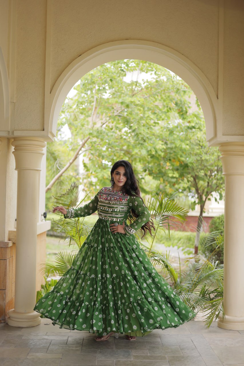 Lavanya Green Faux Georgette Bandhani Kutchi Patchwork Gown