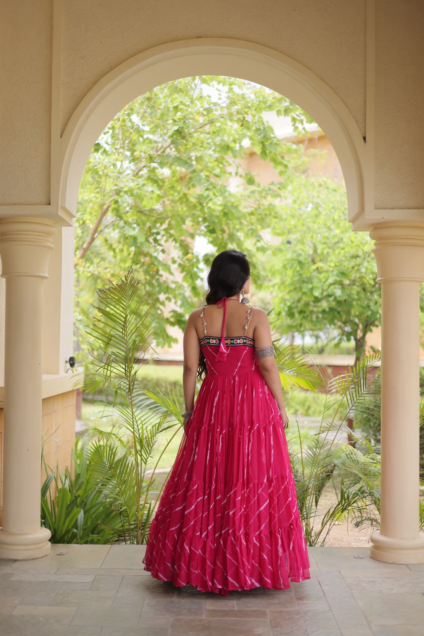 Bhavna Pink Faux Georgette Laheriya Kutchi Patchework Gown