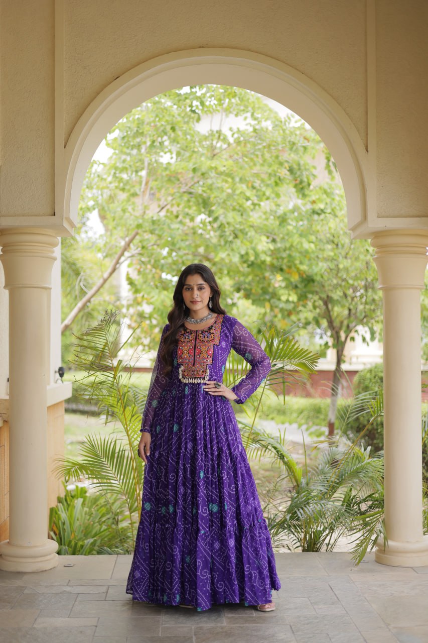 Ira Purple Faux Georgette Bandhani Kutchi Patchwork Gown