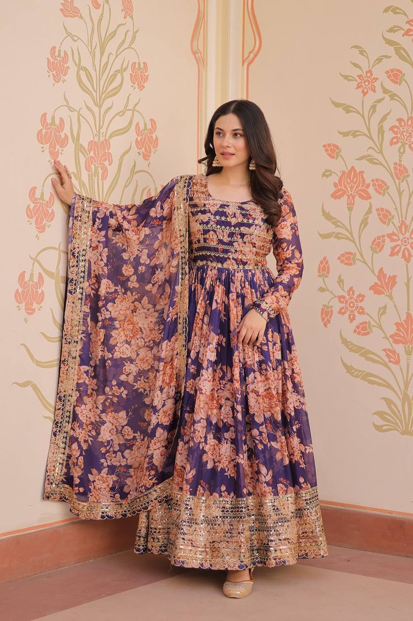 Purple Russian Silk Print Embroidered Sequins Work Gown with Dupatta