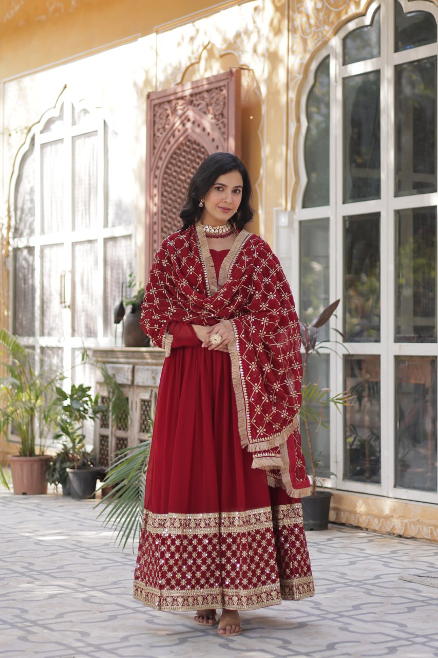 Avishka Maroon Embroidered Anarkali Gown Set
