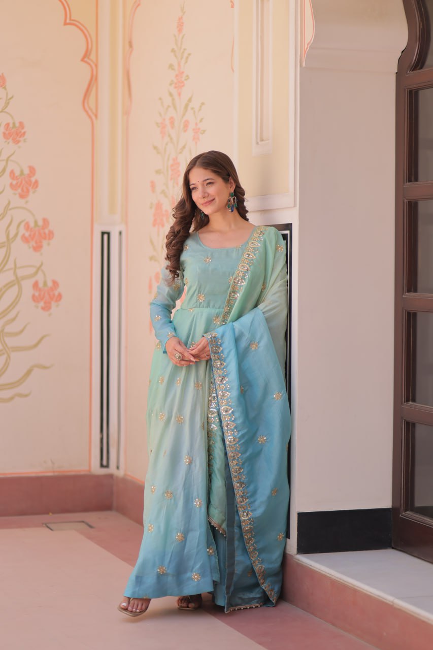 Sky blue organza flair sequins zari embroidery gown with dupatta