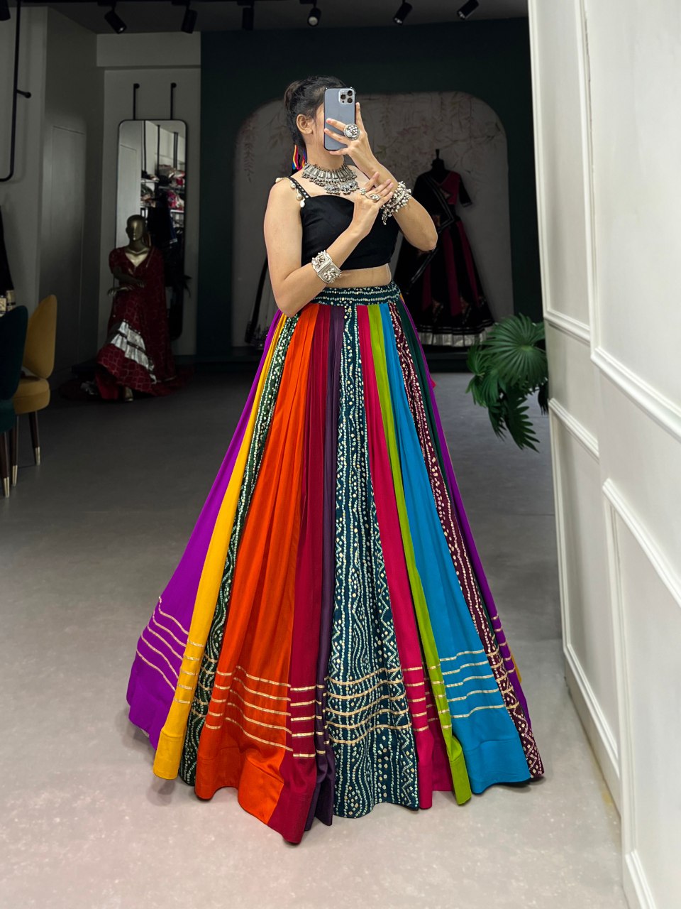 Multicolour pure rayon printed Gota Patti and mirror lace work lehenga
